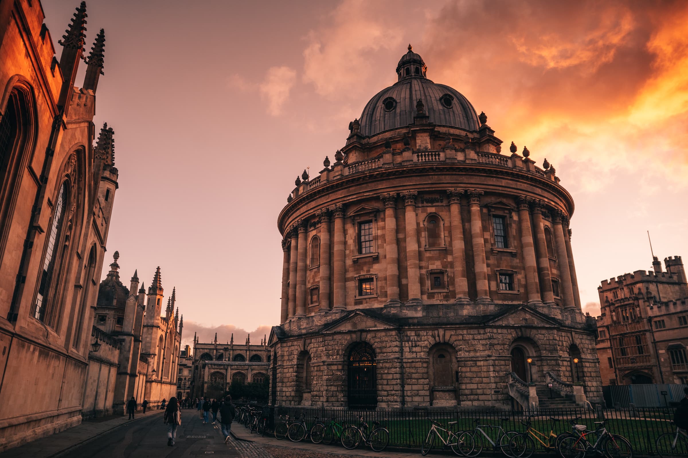 The Radcliffe Camera in Oxford under a sunset sky